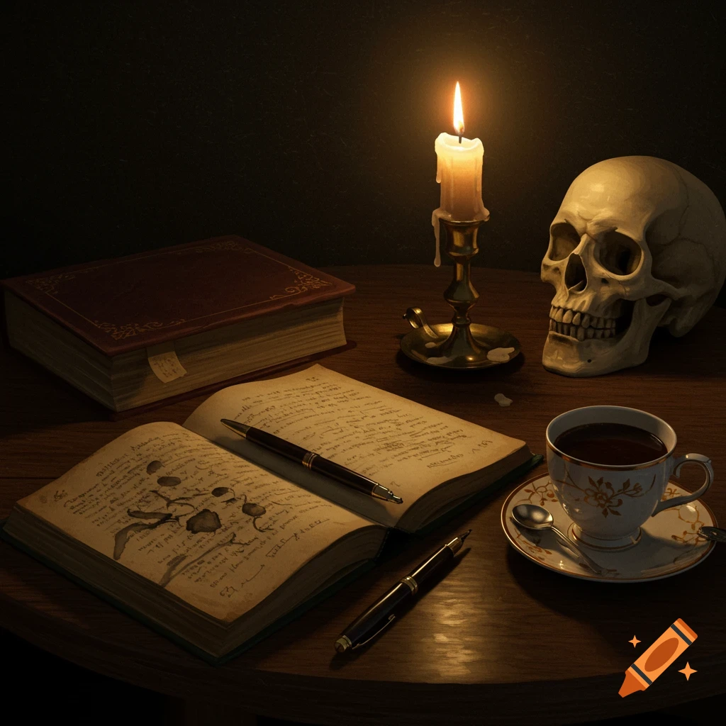 A dimly lit still life featuring an open old book with a pen and smeared ink, a human skull, a lit candle, and a cup of coffee on a wooden table, in a classic painting style.