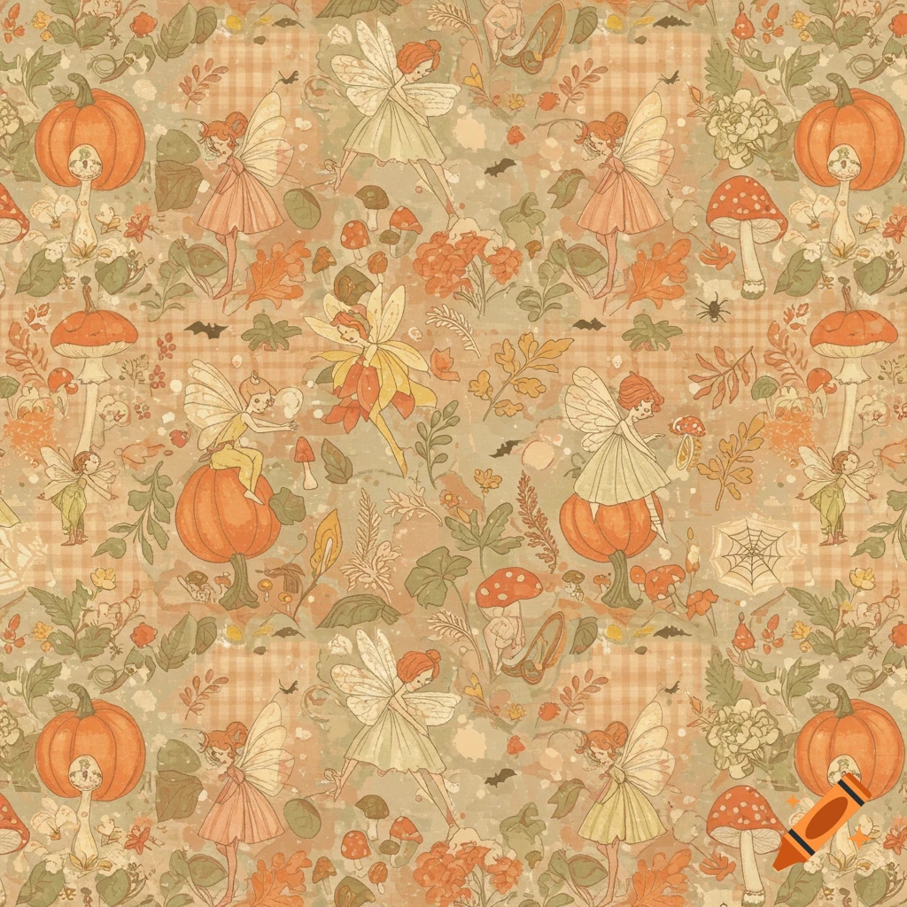 A seamless retro Halloween wallpaper pattern featuring whimsical fairies, orange pumpkins, red mushrooms, autumn leaves, and subtle plaid textures.