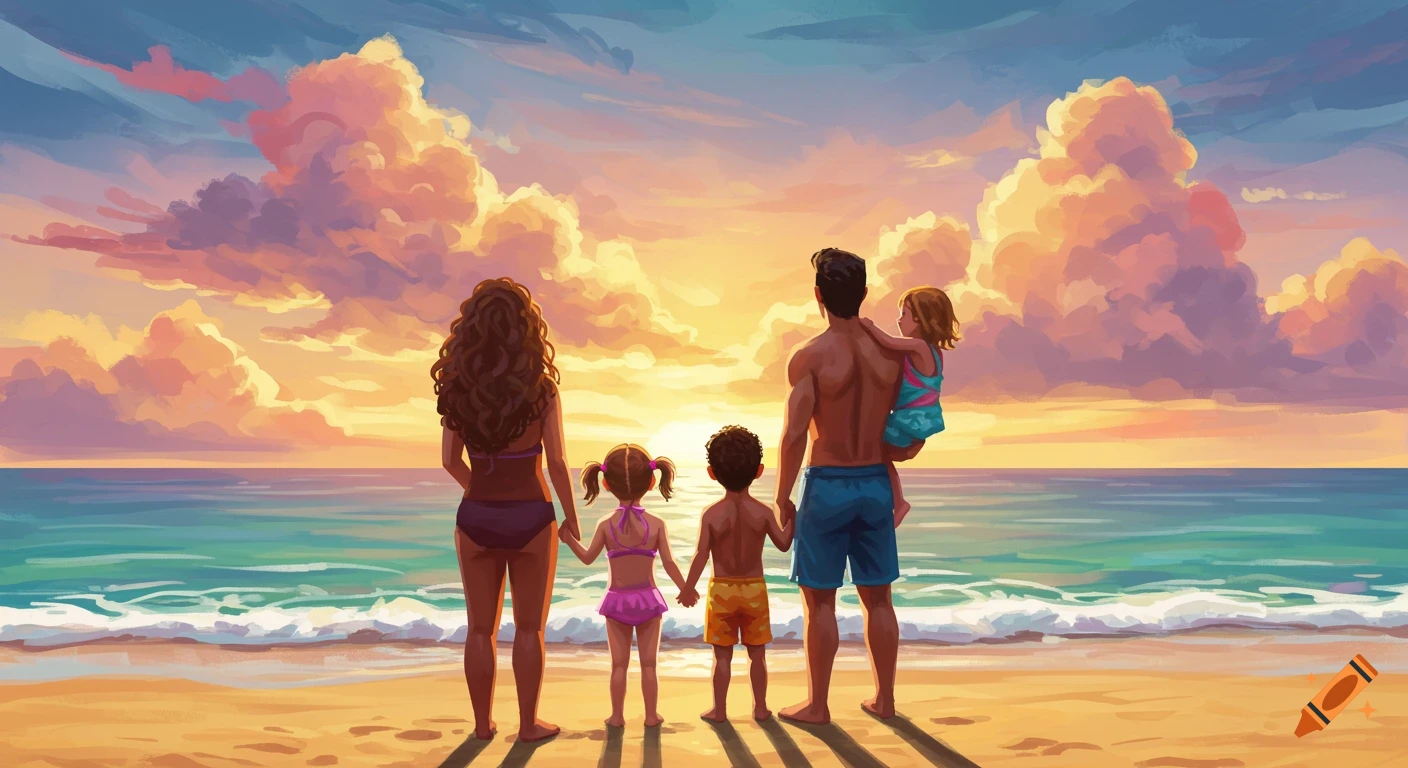 A stylized illustration of a family on a beach watching the sunrise over the ocean.