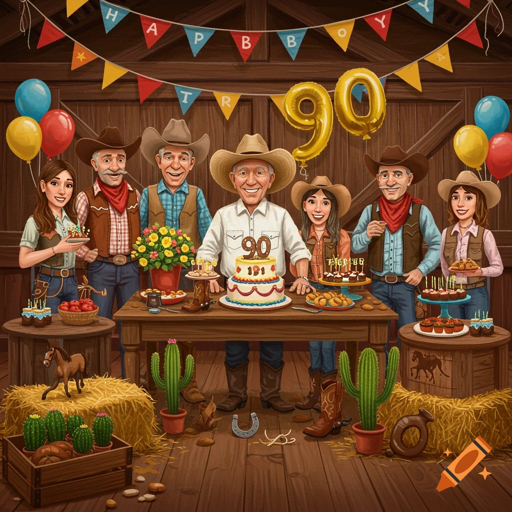 A family in cowboy attire celebrates a 90th birthday in a rustic barn setting, with balloons, cake, and western-themed decorations.