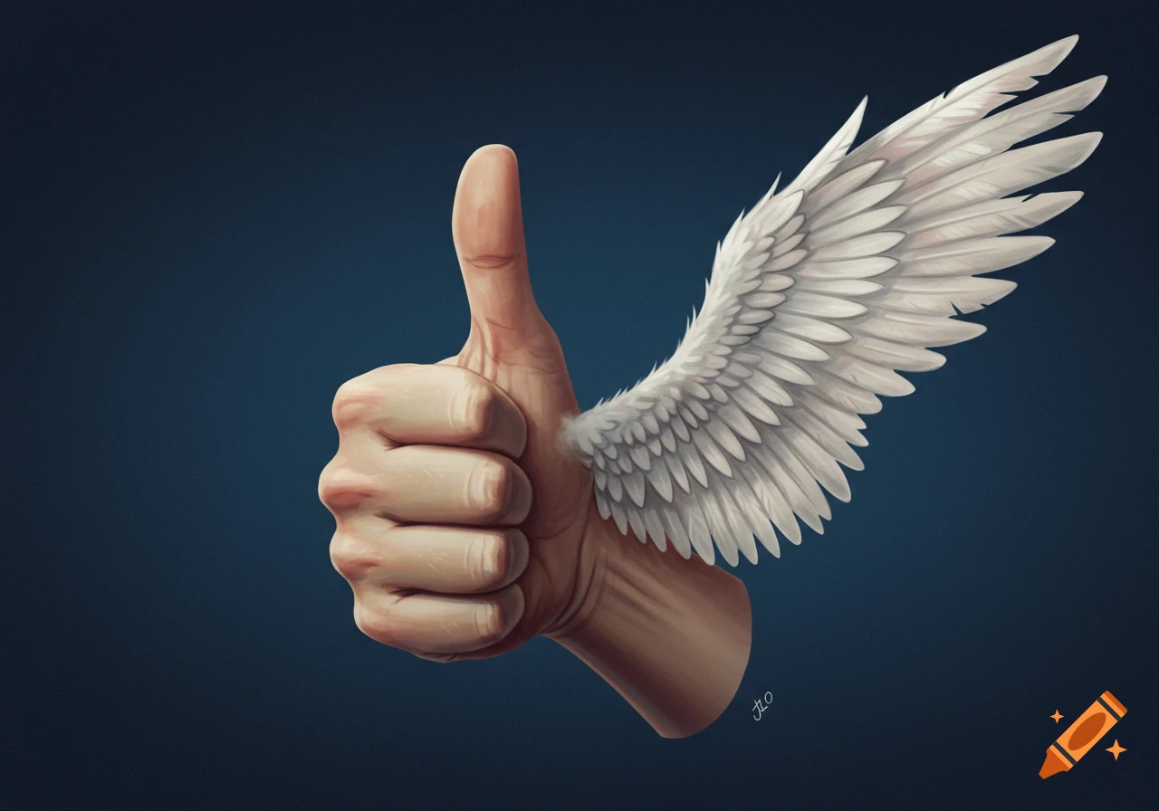 A stylized hand giving a thumbs-up gesture, featuring a prominent thumb and white angel wings on a dark blue background.