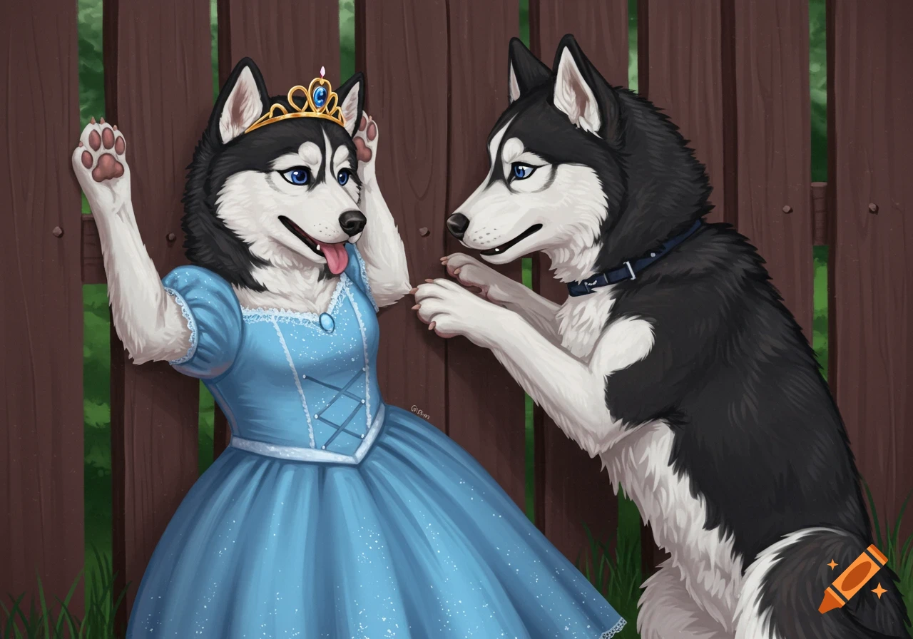 An anthropomorphic husky in a blue princess dress playfully stuck in a fence, with another husky offering help. Illustration.