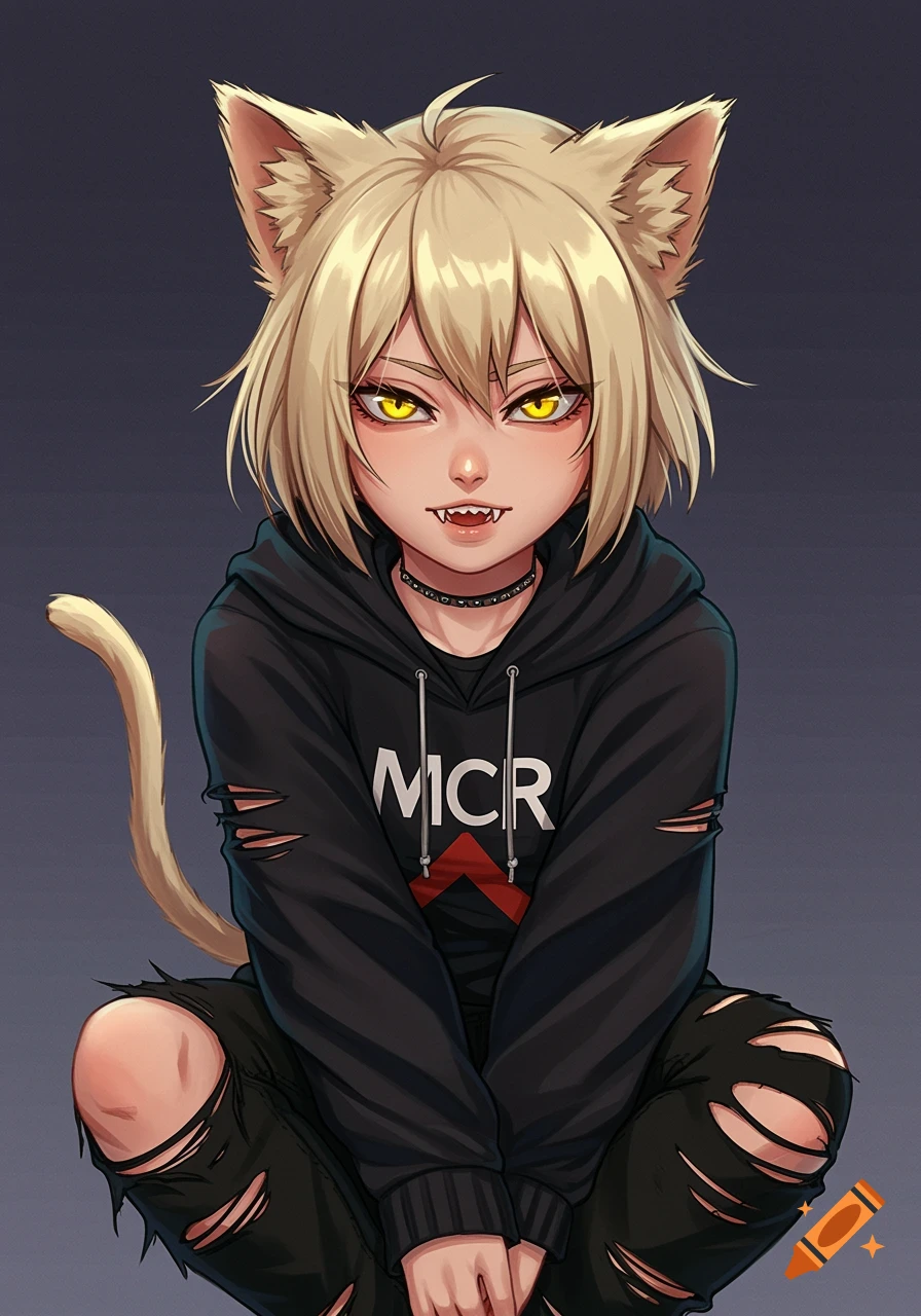 Anime-style catgirl with blonde hair, yellow eyes, and fangs, wearing a black MCR hoodie and ripped jeans, crouching.
