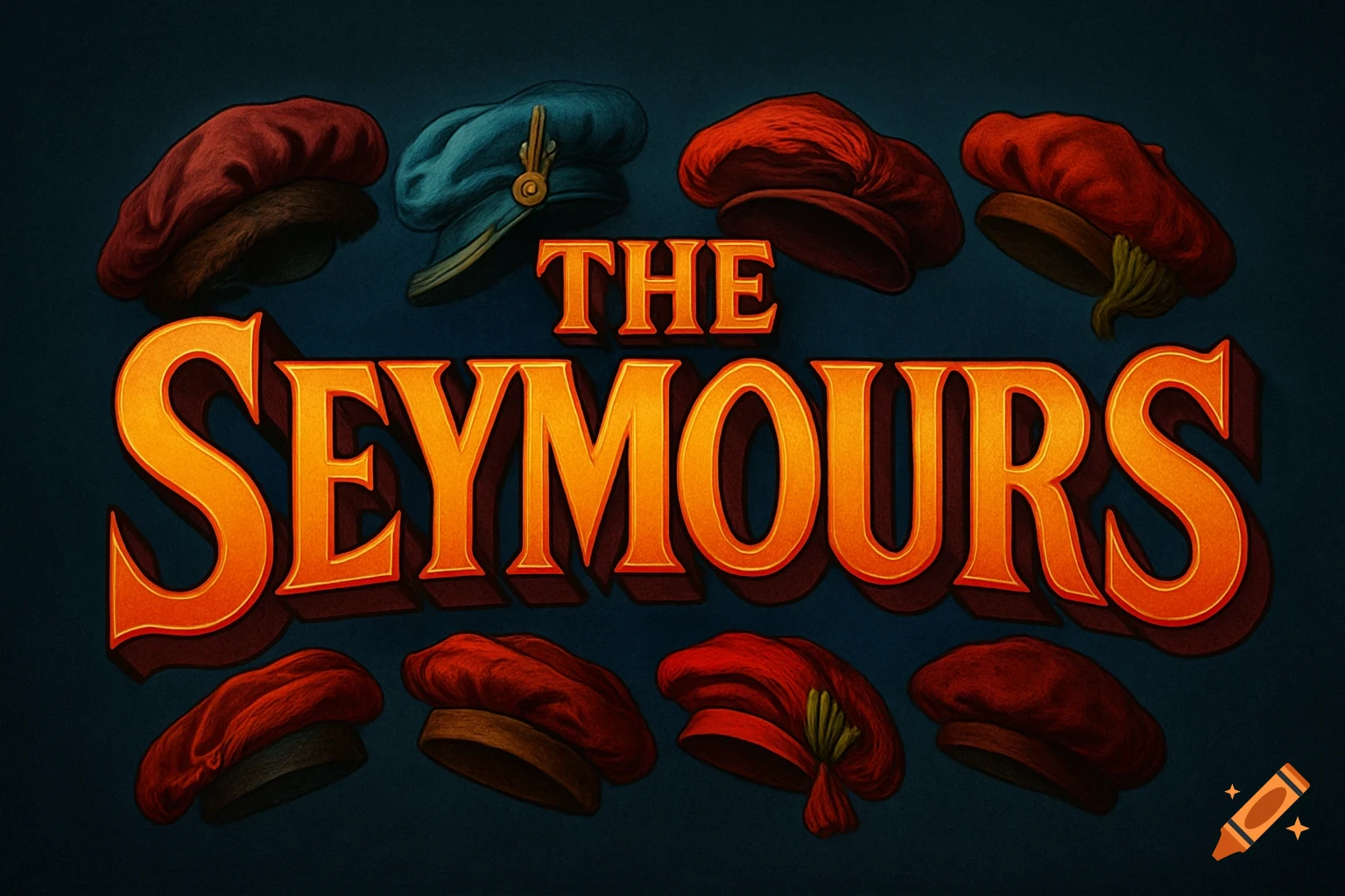 1980s style logo featuring the words 'THE SEYMOURS' in orange, surrounded by various red and blue renaissance-style hats.