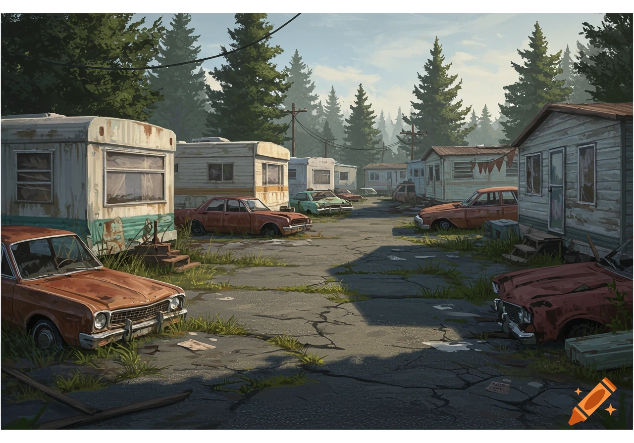 An illustration of a run-down trailer park with abandoned, rusted cars on cracked asphalt surrounded by tall pine trees.