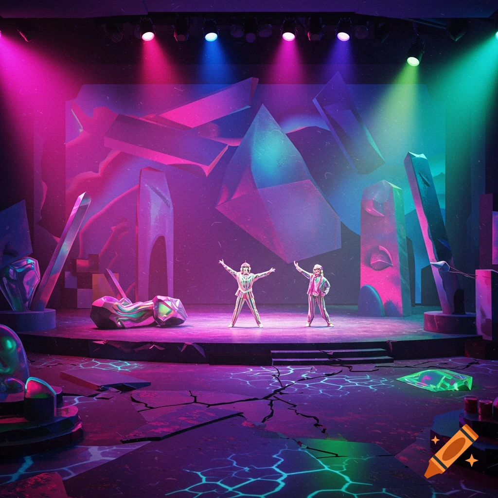 Two figures in colorful costumes stand on a vibrant, abstract stage with glowing cracks and large geometric shapes under neon lights.