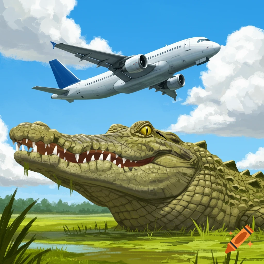An illustration of a large green crocodile in a swamp with a white airplane flying above it in a blue sky with clouds.