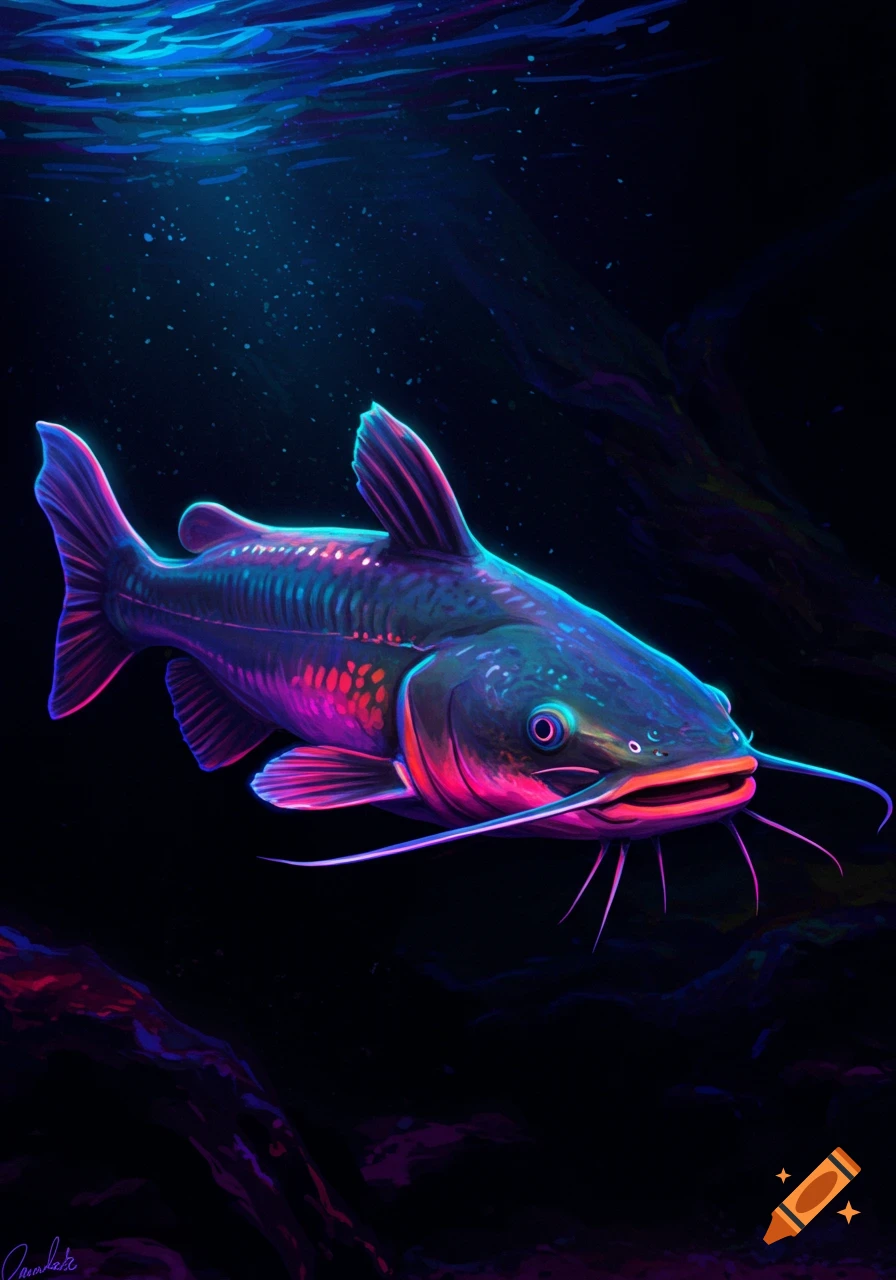 A vibrant neon catfish glows with pink, purple, and blue light as it swims in dark underwater depths.