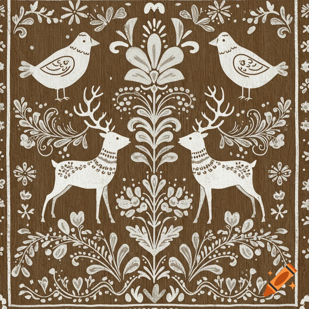 Traditional Scandinavian folk art pattern with two white birds, two white deer, and intricate floral designs on a brown background.