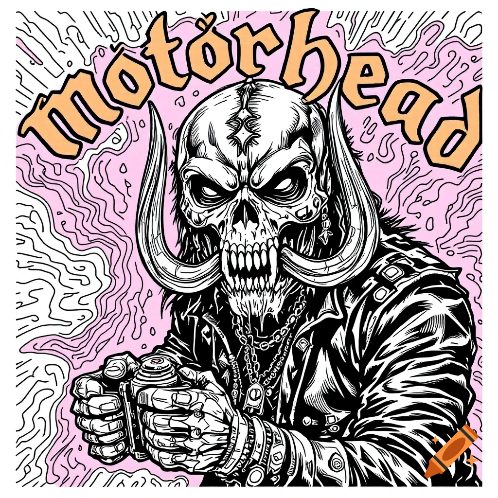 Black and white line art of a horned skull wearing a leather jacket and holding a spray can, with the band name "motörhead" above, on a pink background.