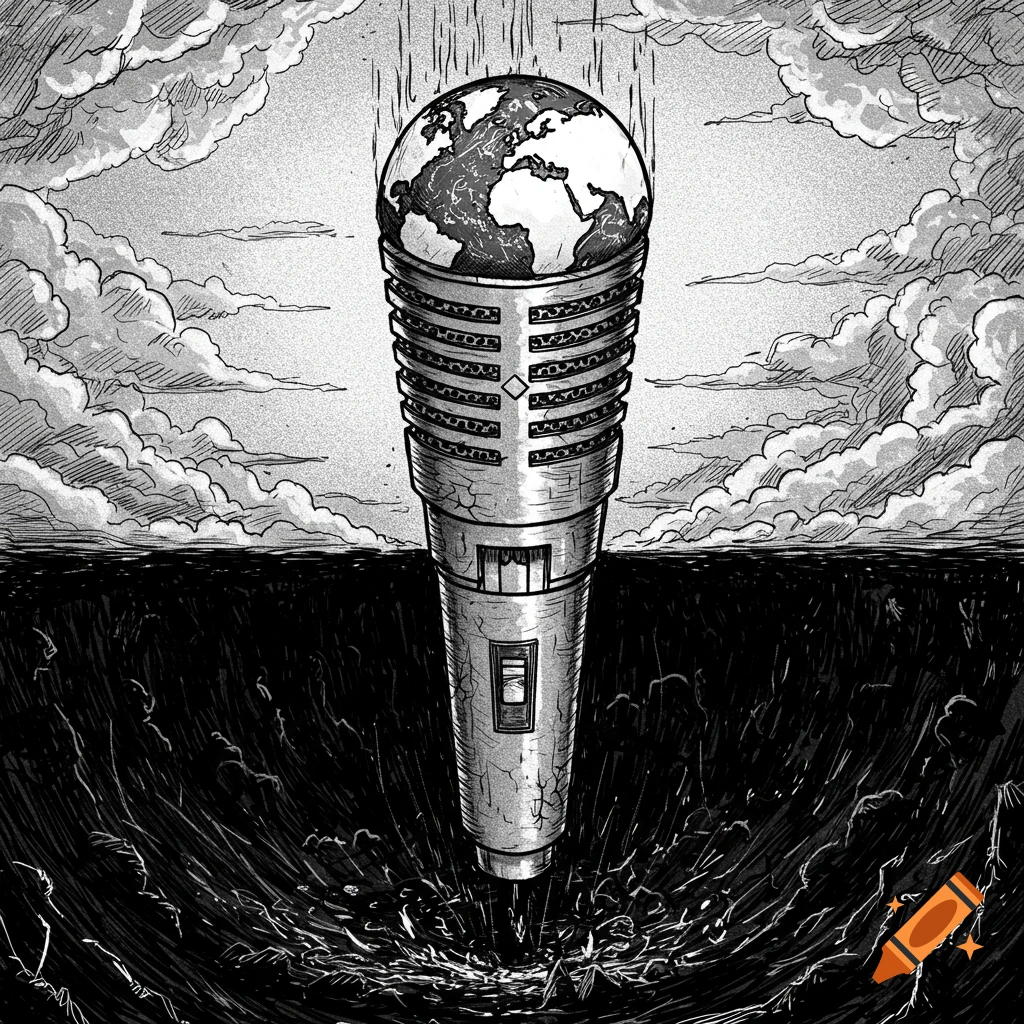 A grayscale illustration of a microphone with the Earth as its head, falling from stormy clouds into a dark, chaotic abyss.