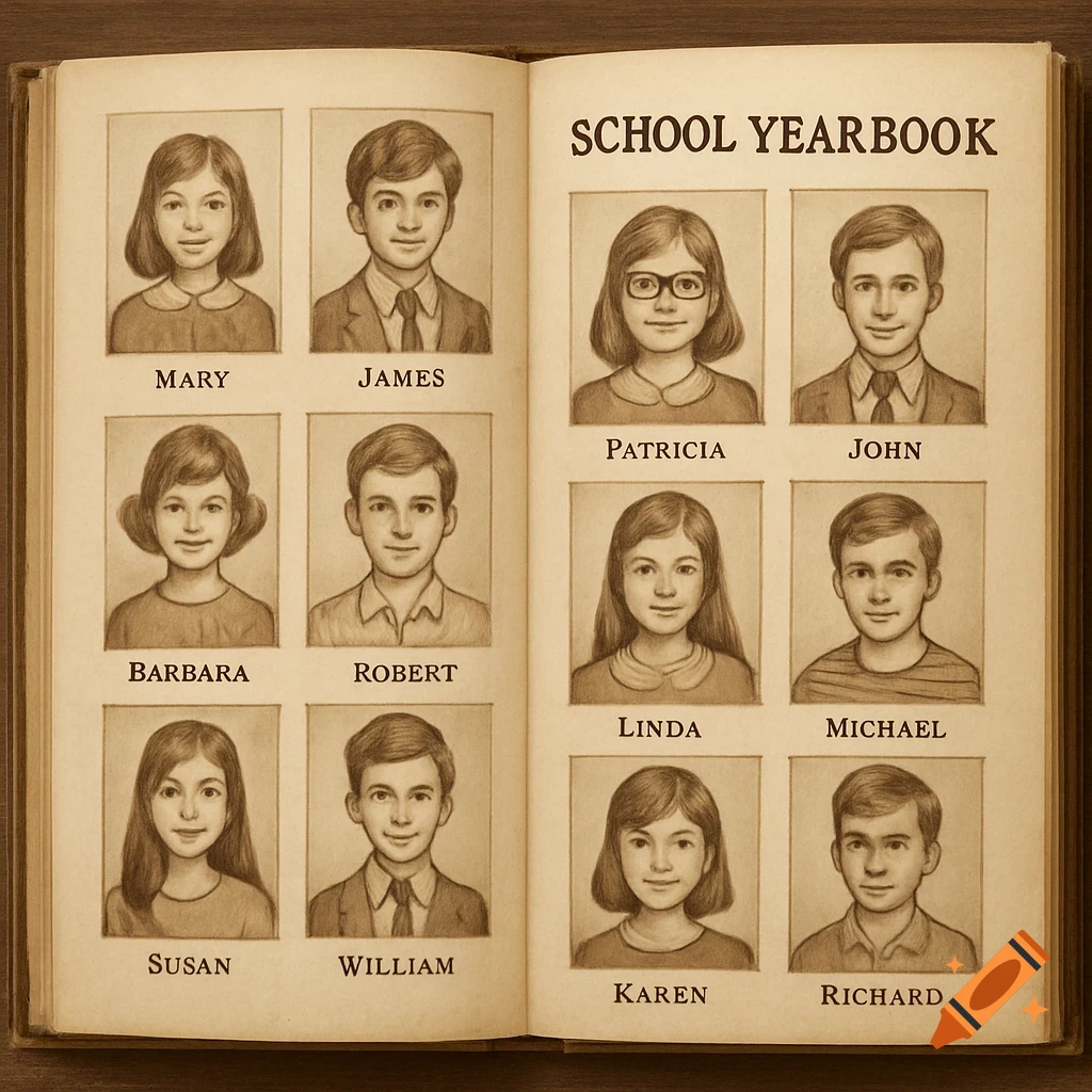 An open school yearbook featuring vintage pencil drawings of student portraits with names underneath.