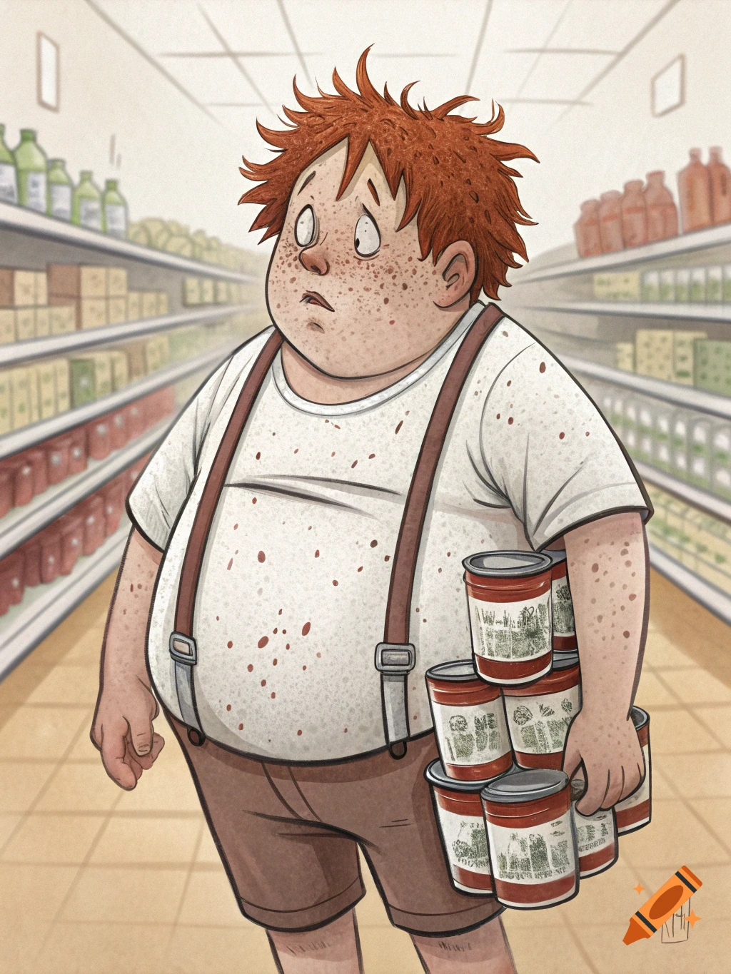 A cartoonish, portly boy with red, messy hair and freckles stands in a supermarket aisle, holding a stack of soup cans.