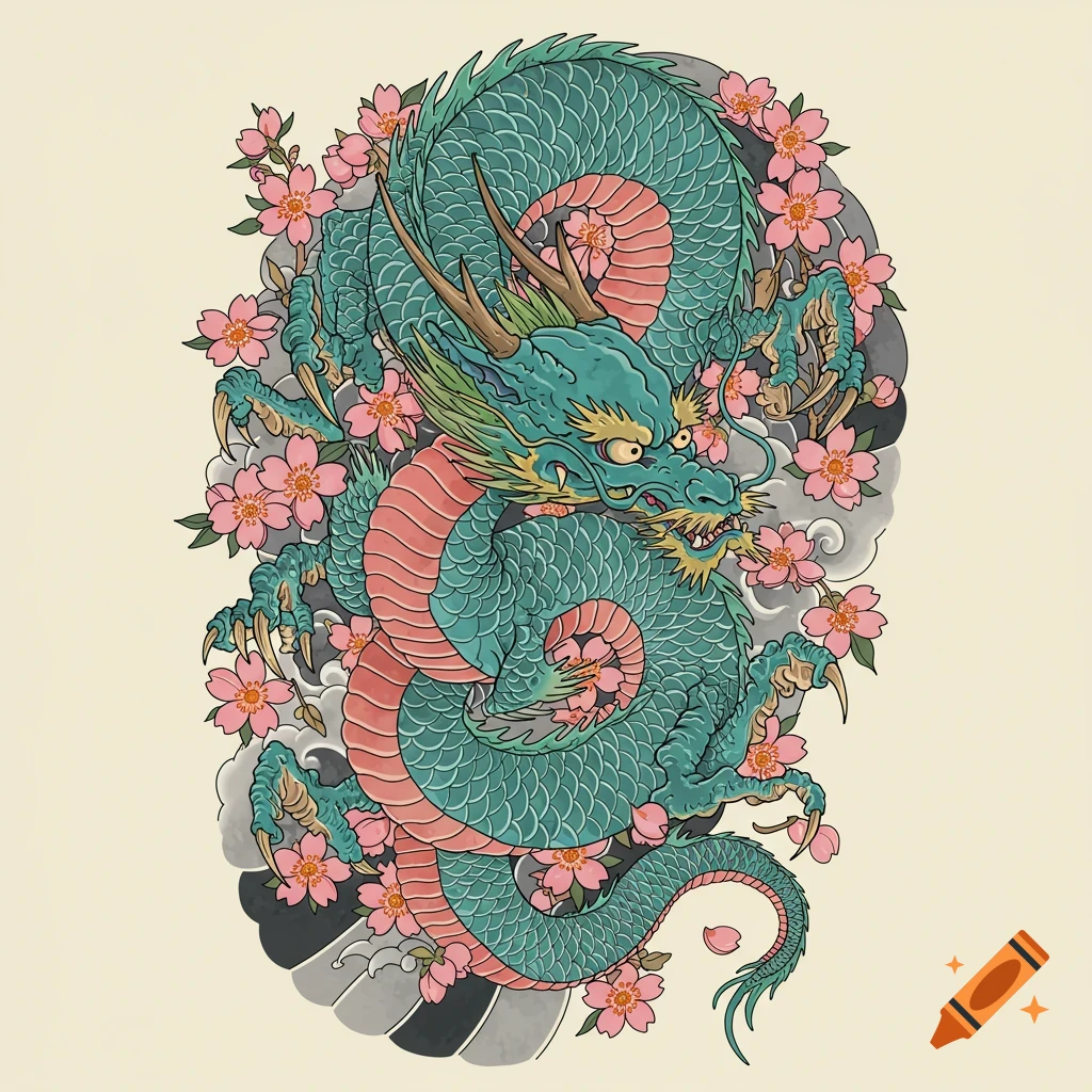 A teal and red dragon coils among pink cherry blossoms in traditional Japanese tattoo art style.
