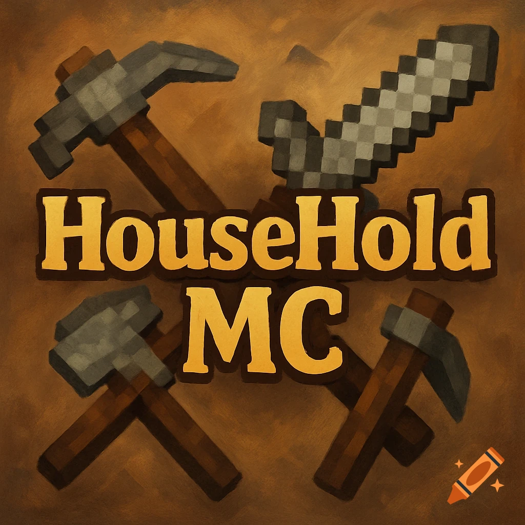 Minecraft-style pickaxes and a sword with the text 'HouseHold MC' in a pixel art style.