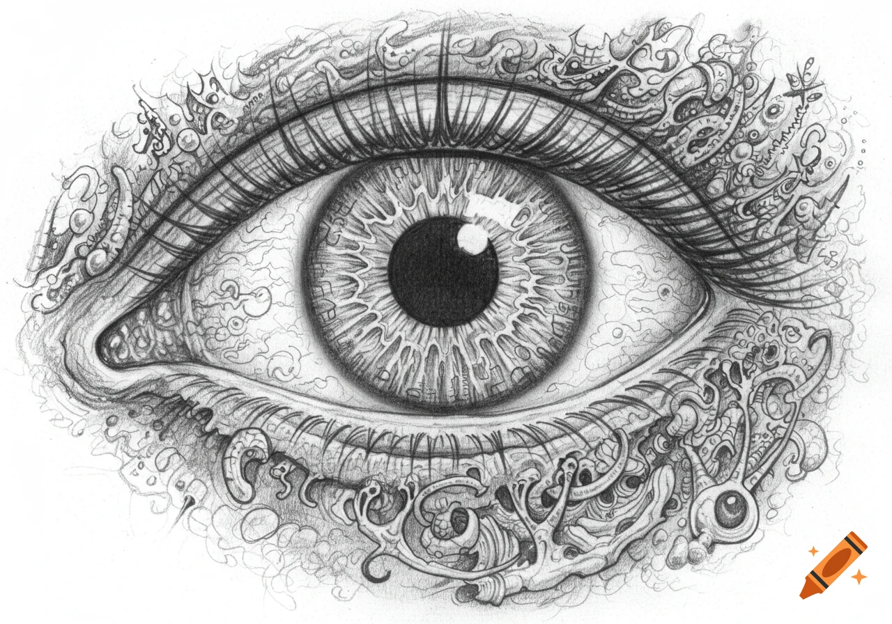 Detailed monochrome pencil drawing of an ornate human eye with intricate, surreal patterns surrounding the iris and eyelids.