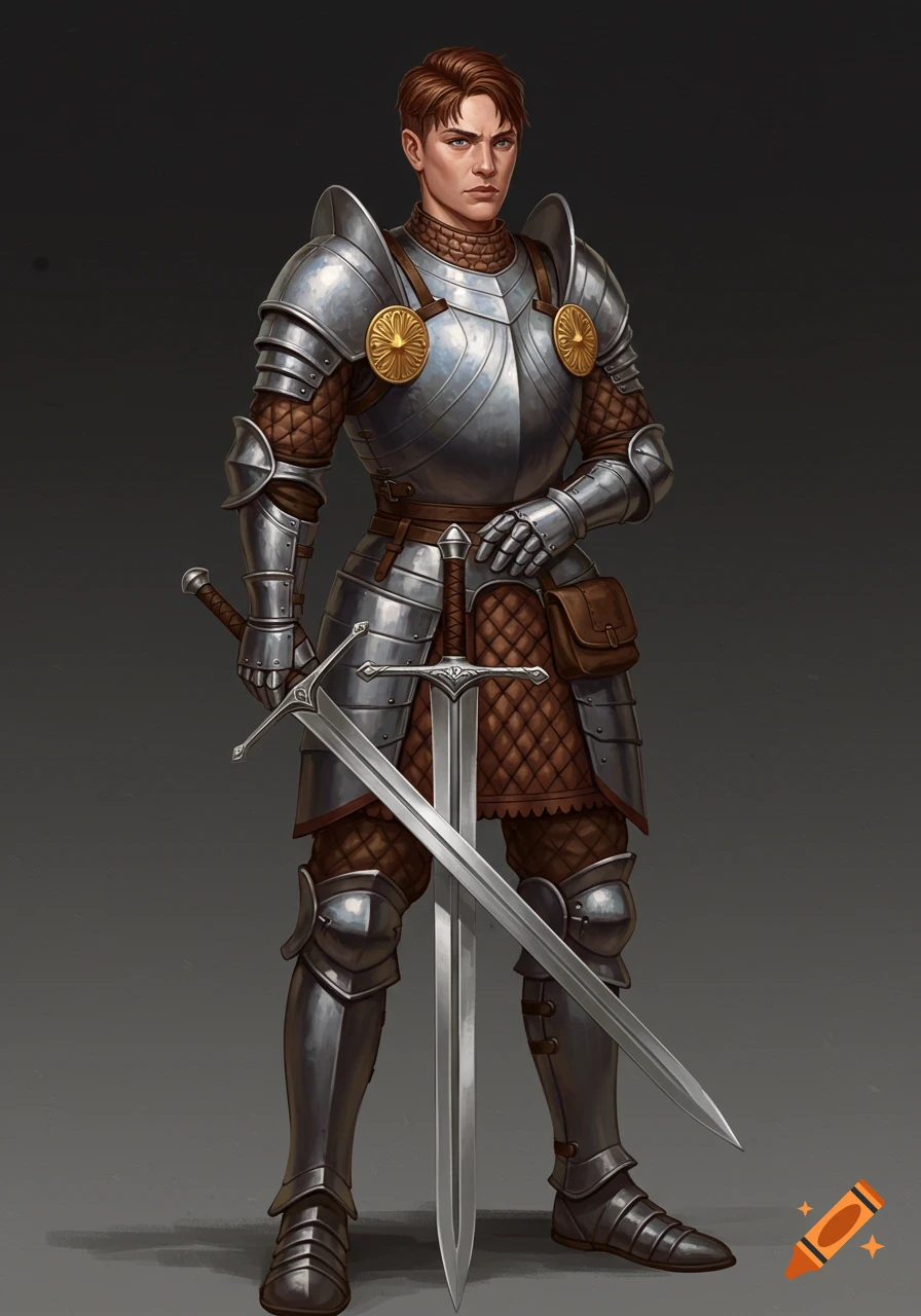 A male knight in full shining silver armor stands, holding two large swords against a dark background.