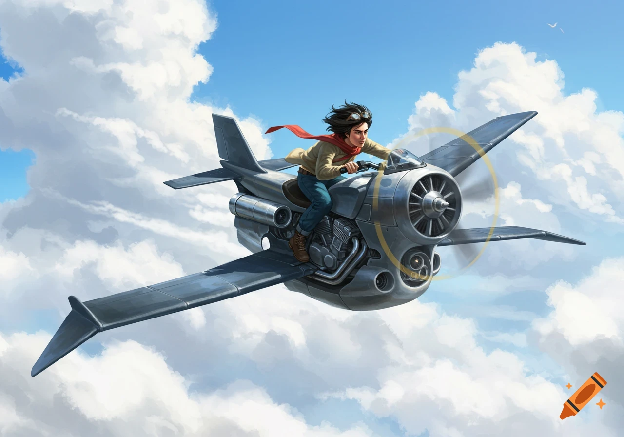 An illustration of a pilot flying an airplane motorcycle hybrid through blue skies and clouds.