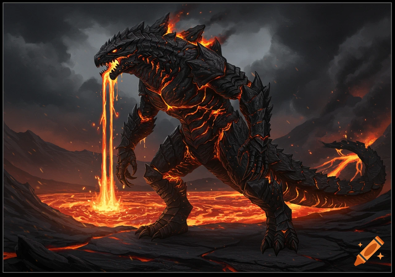 A black armored lava Kaiju stands in a volcanic landscape, spewing molten lava into a lava pool.