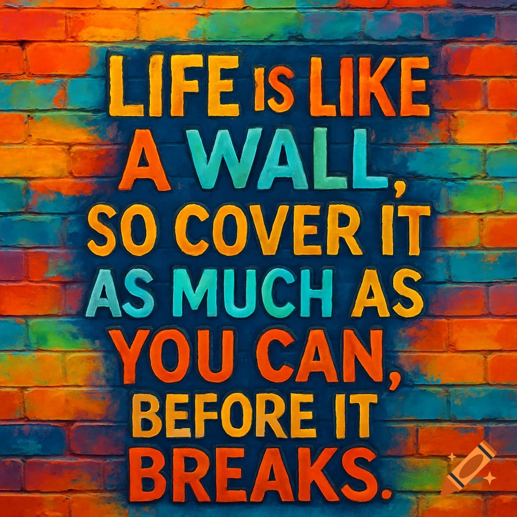 Colorful painted quote on a brick wall: 'Life is like a wall, so cover it as much as you can, before it breaks.'