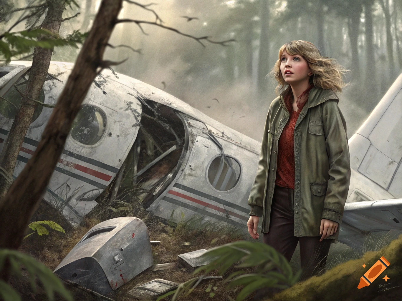 A woman stands near a crashed airplane in a dense, misty forest, looking up with a worried expression. Photorealistic style.