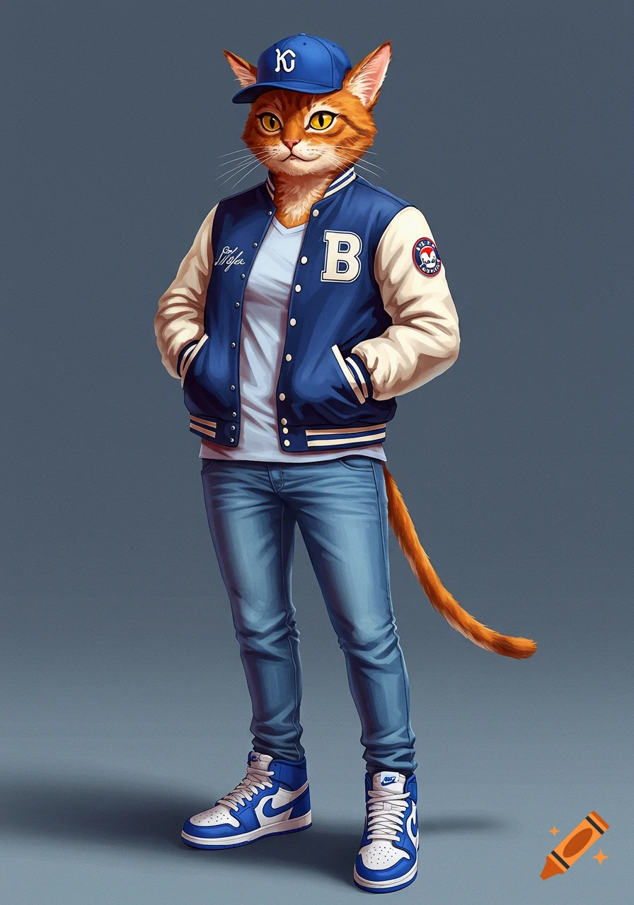 An anthropomorphic orange cat wearing a blue and white letterman jacket, jeans, high-top sneakers, and a backwards baseball cap.