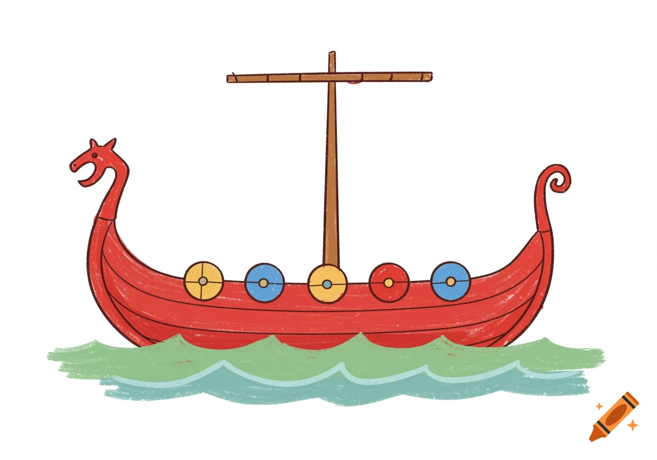 A simple, cartoon-style red Viking longboat with a dragon head and colorful shields, floating on green waves.