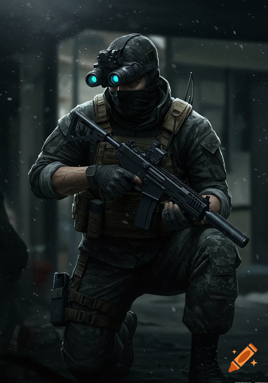 A photorealistic image of a tactical operative in camouflage and night vision goggles, kneeling and holding a rifle.