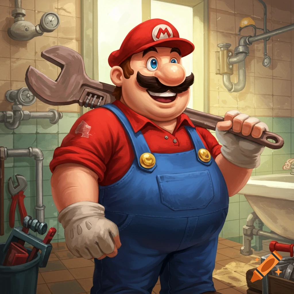 Cartoon plumber Mario, wearing a red cap and blue overalls, smiles while holding a large wrench on his shoulder in a tiled bathroom with pipes.