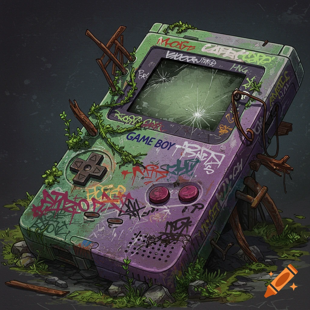 A derelict Nintendo Game Boy covered in graffiti, vines, and broken wood, set against a dark background in a grunge art style.