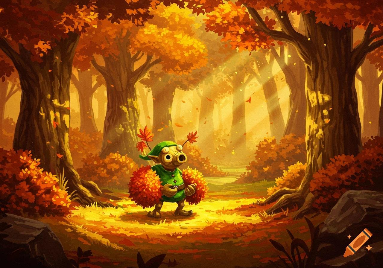A green Deku Scrub character from Zelda stands in a sunlit autumn forest filled with orange leaves, painted style.