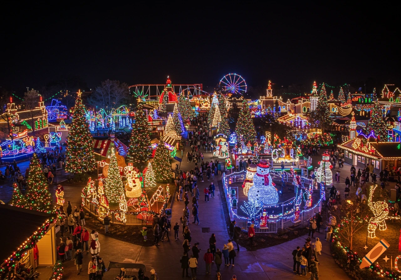 An aerial view of a Christmas theme park at night, brightly lit with thousands of colorful holiday lights and decorations and full of people.