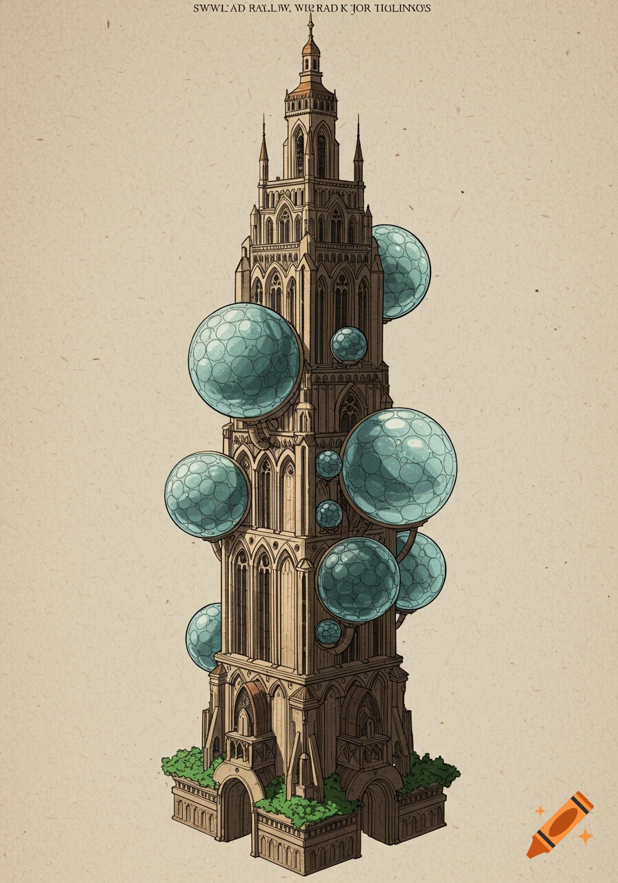 An intricate steampunk tower with a cathedral top, adorned with large turquoise glass bubbles, on a sepia background.