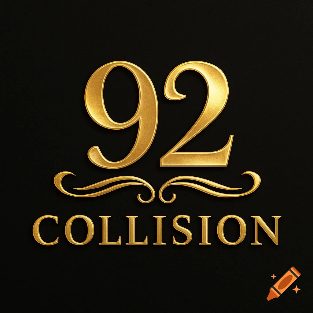 Shiny gold '92 Collision' luxury logo with ornate flourishes on a black background.