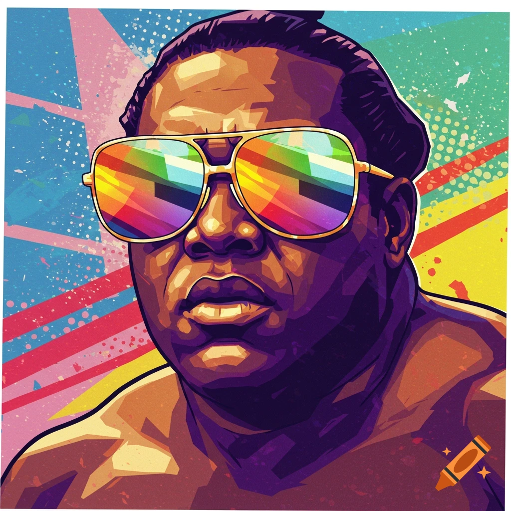 Stylized pop-art portrait of a man, possibly a sumo wrestler, wearing rainbow-tinted sunglasses against a vibrant abstract background.