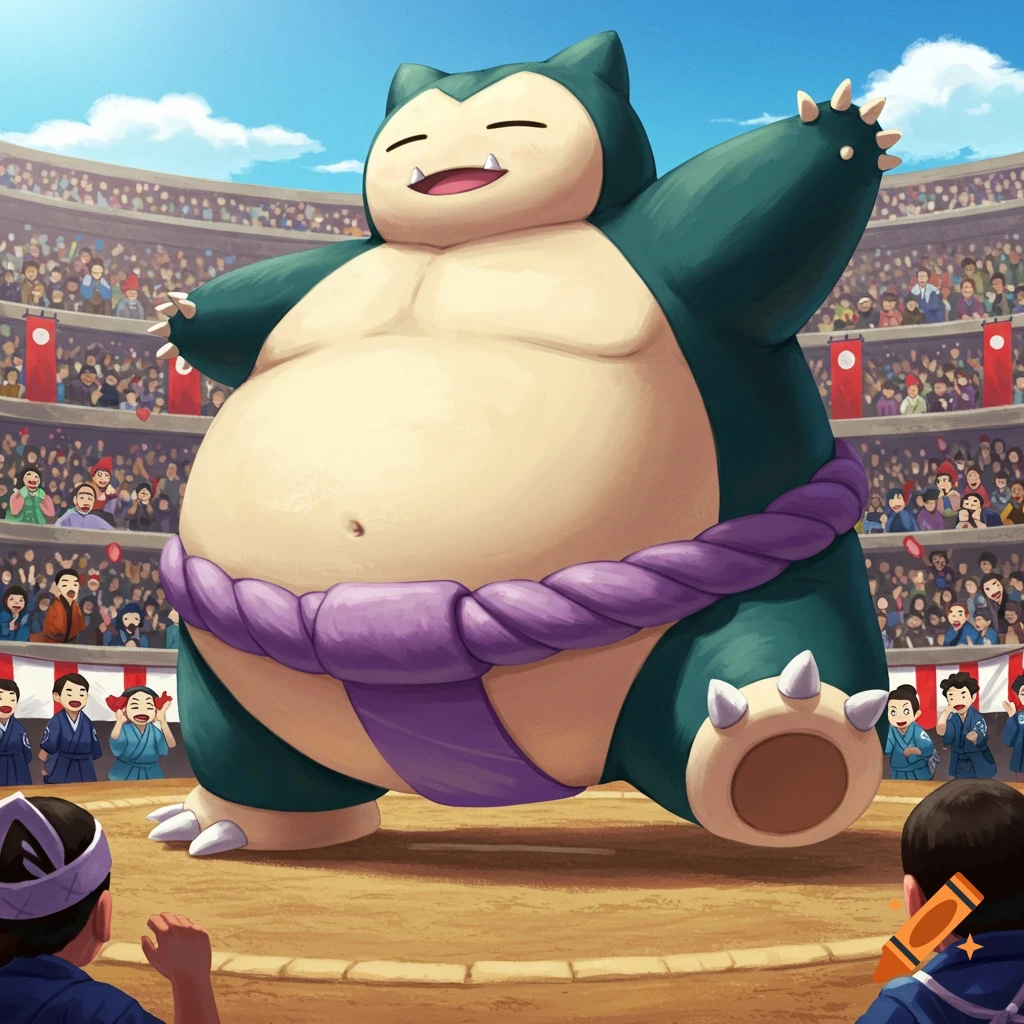 Snorlax wearing a purple mawashi in a sumo wrestling ring, surrounded by a cheering crowd in an anime illustration.