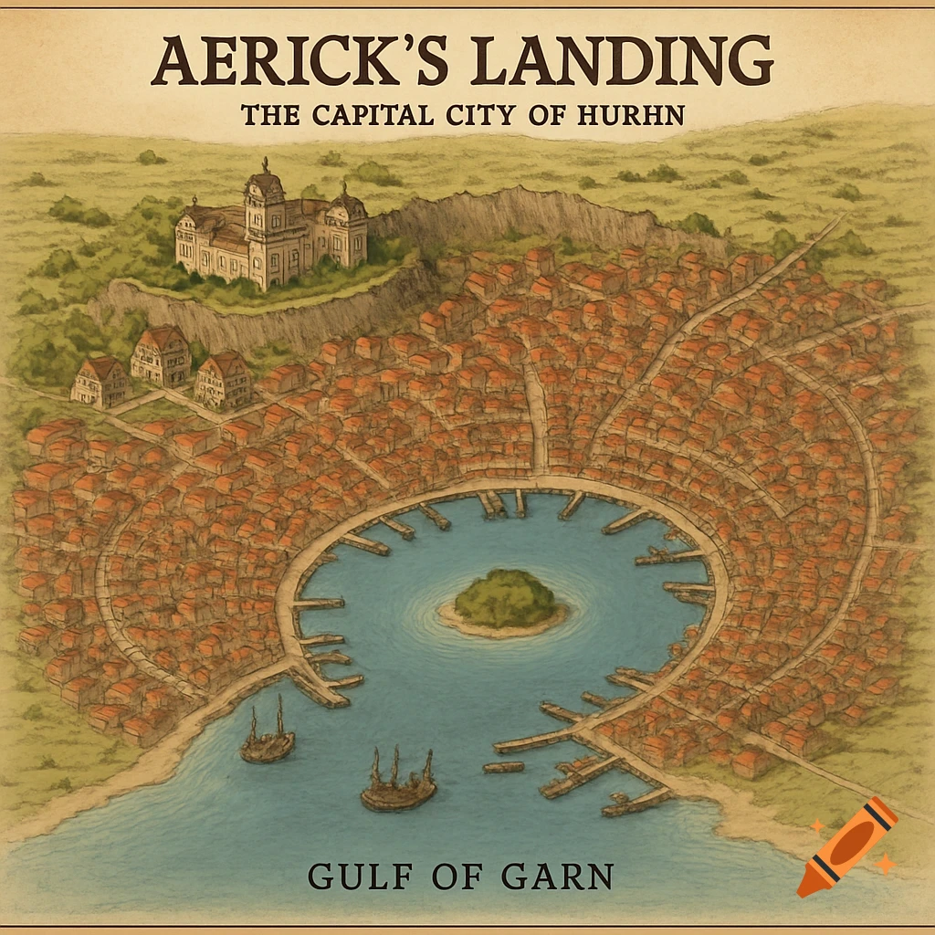 An overhead map of Aerick's Landing, a fantasy city with a circular harbor, central island, and large buildings on a cliff.