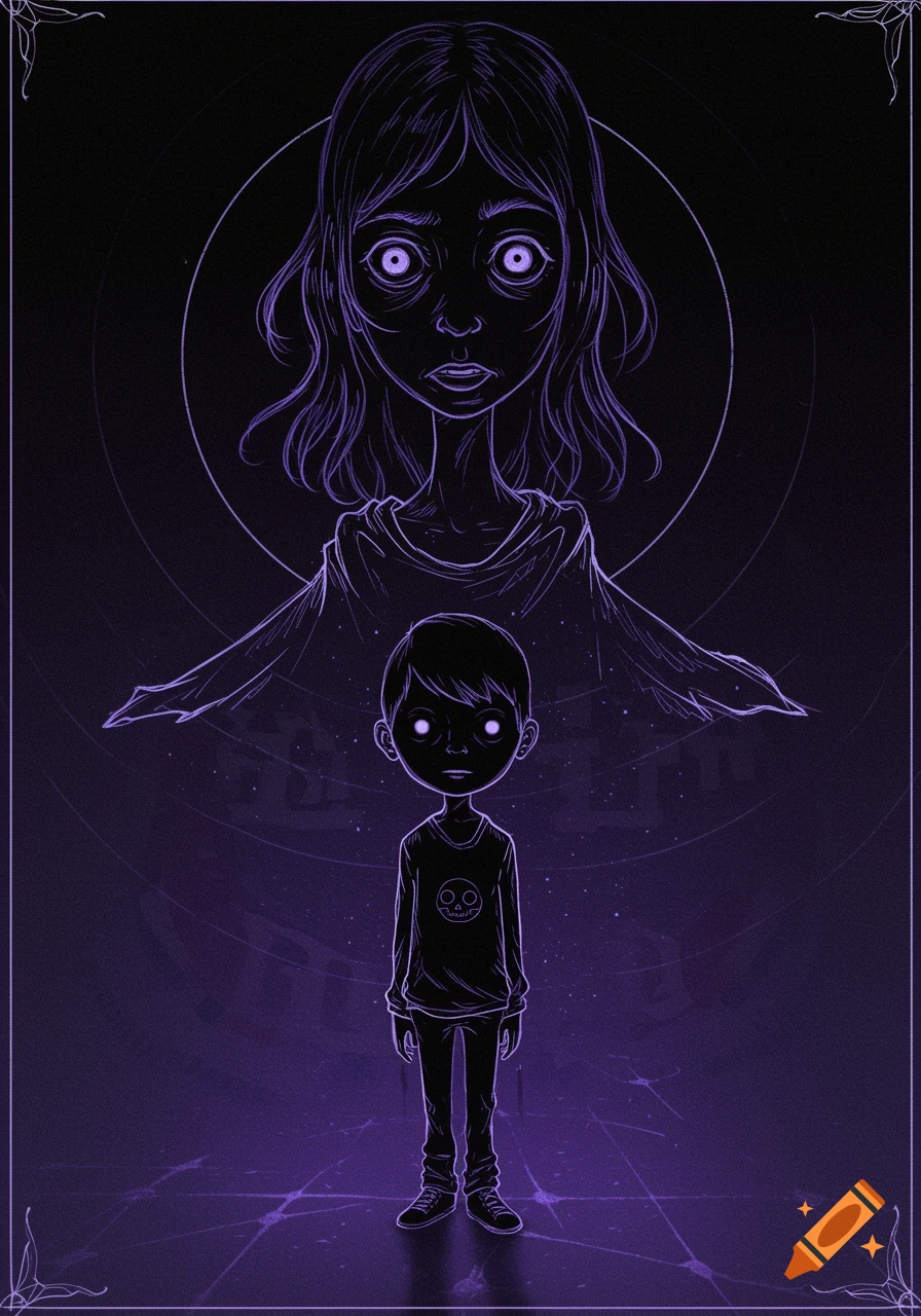 A dark, stylized illustration of a boy with glowing purple eyes and a skull shirt, with a floating ghostly figure behind him.
