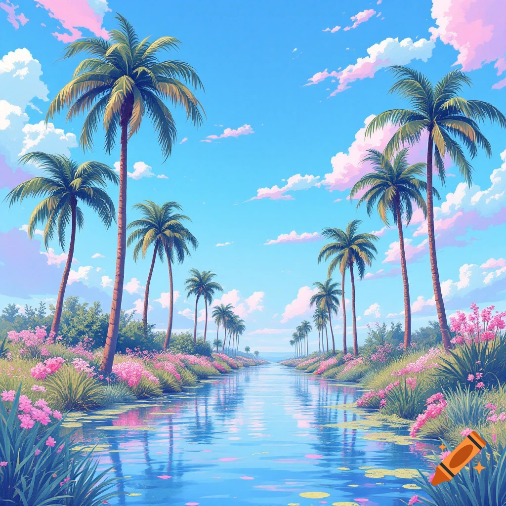Anime landscape: a calm river flows between lush pink flowers and green foliage, lined by palm trees under a blue sky with pink clouds.