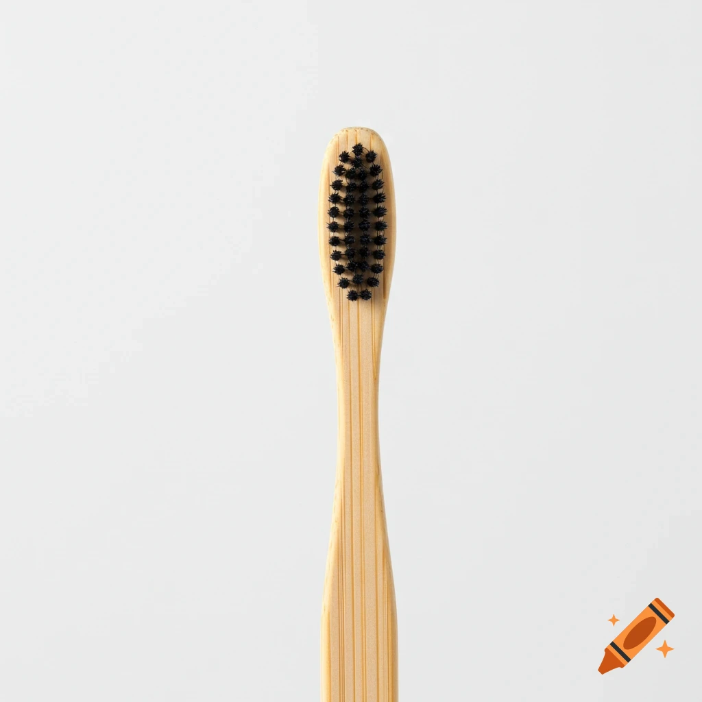 A bamboo toothbrush with black bristles on a plain white background.