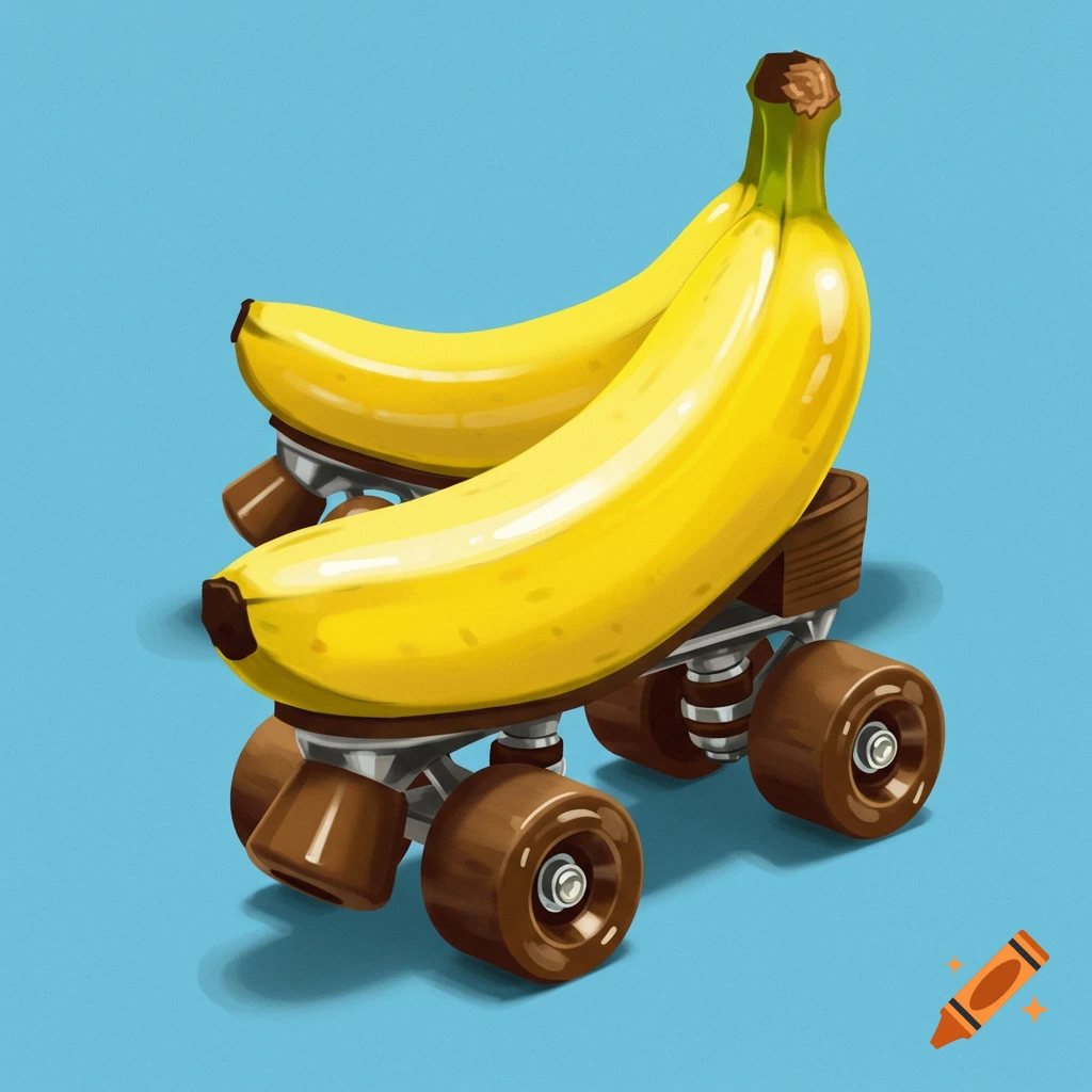 Two yellow bananas are sitting on a brown roller skate against a light blue background in an illustrative style.