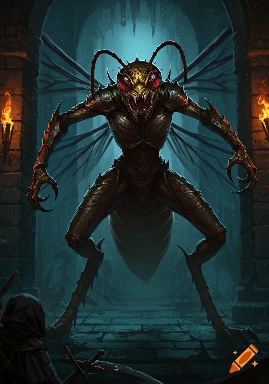 A large, menacing humanoid wasp monster with red eyes and sharp claws stands in a dark dungeon, illuminated by torchlight.