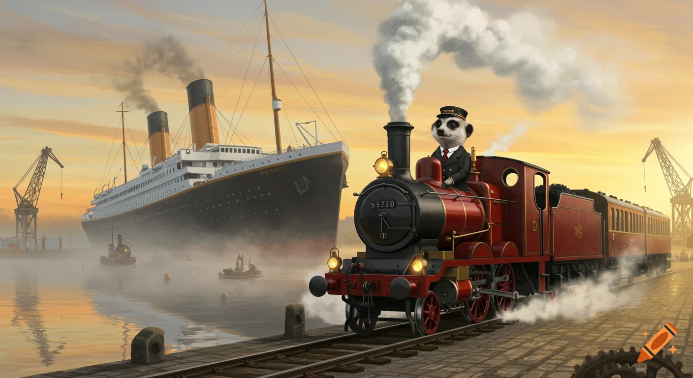 A meerkat in a conductor's uniform drives a red steam engine on tracks, with the Titanic ship docked in a harbor at sunrise.
