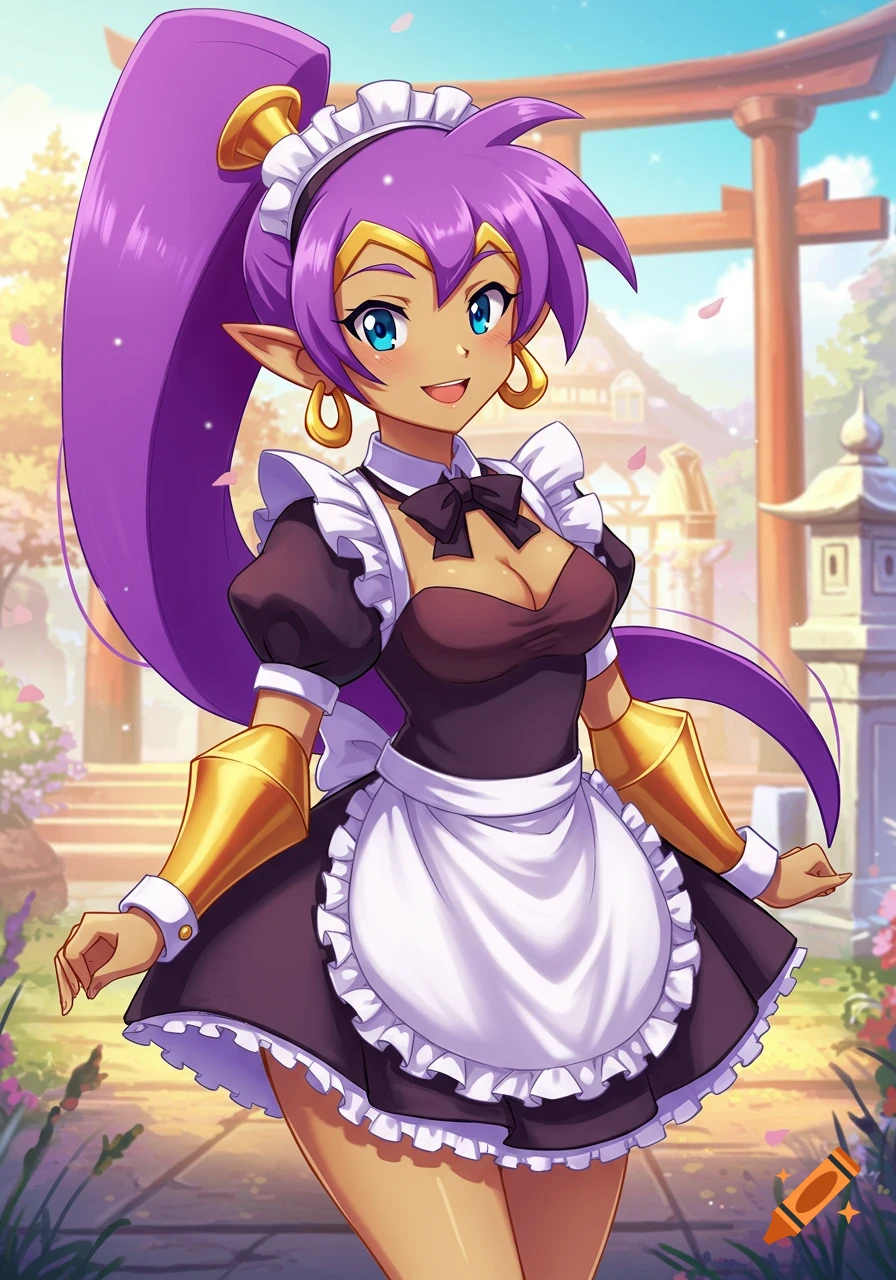Anime character Shantae with purple hair and elf ears, wearing a maid outfit, stands smiling in a Japanese-style garden with a torii gate.
