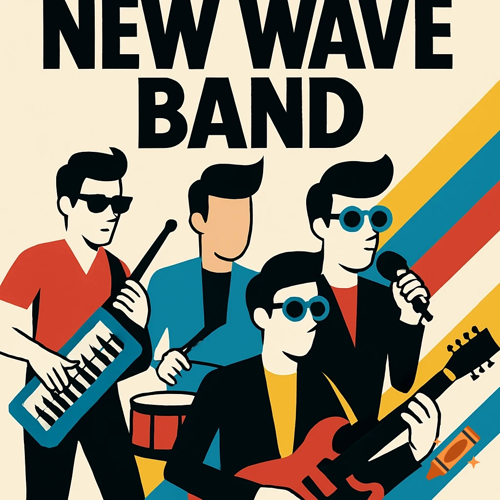A graphic art illustration of a new wave band with four members, playing instruments, in a retro style.