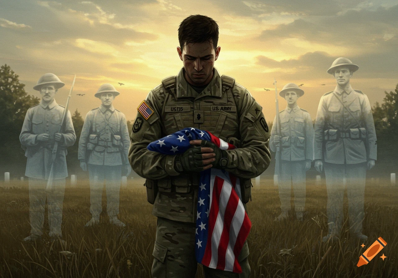 A modern American soldier holds a folded flag in a cemetery at sunset, with translucent ghost soldiers behind him.