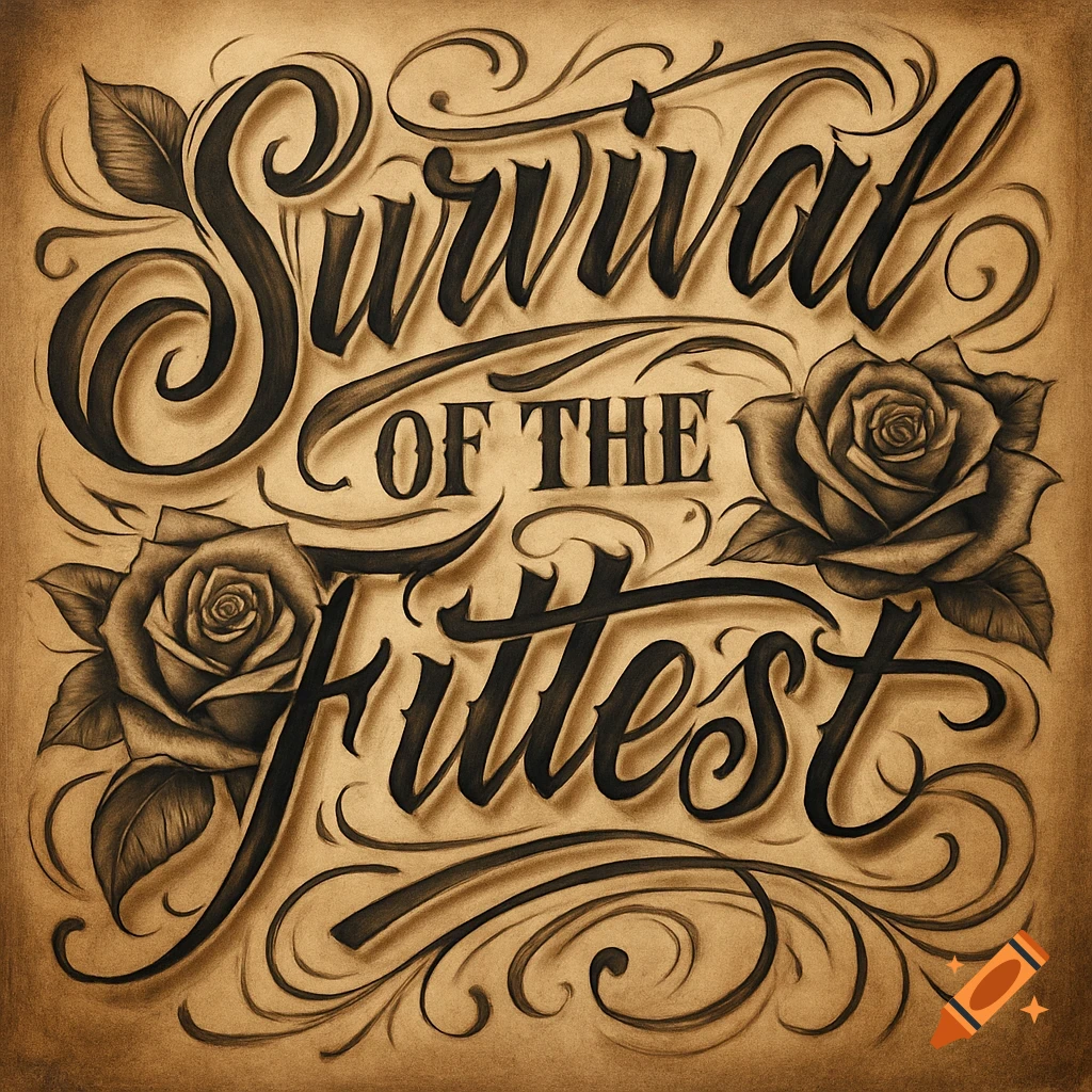 Stylized Chicano script lettering reads 'Survival of the Fittest' with dark roses and ornate swirls on a sepia background.