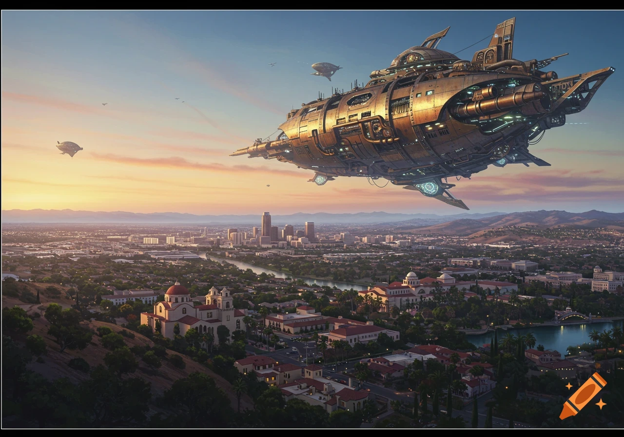 A large, intricate steampunk airship floats over a sprawling city at sunset, with a river and mountains in the background.