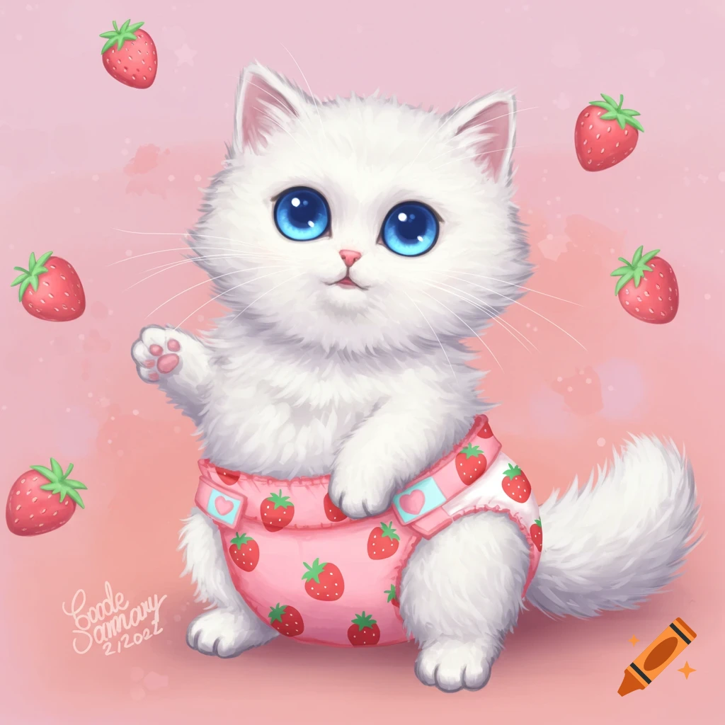 A cute white fluffy cat with big blue eyes wears a pink strawberry-patterned diaper, surrounded by floating strawberries on a pink background. Illustration style.