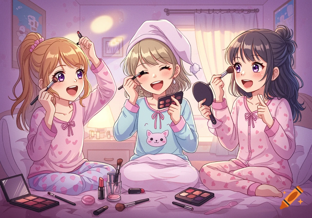 Three anime girls in pajamas having a sleepover, applying makeup on a bed.
